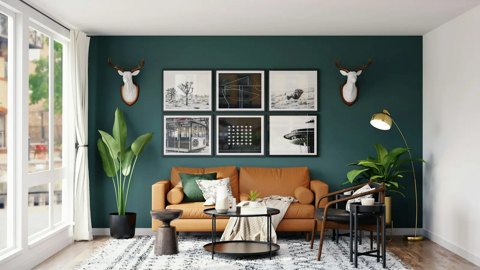 Living room with a deep green painted accent wall