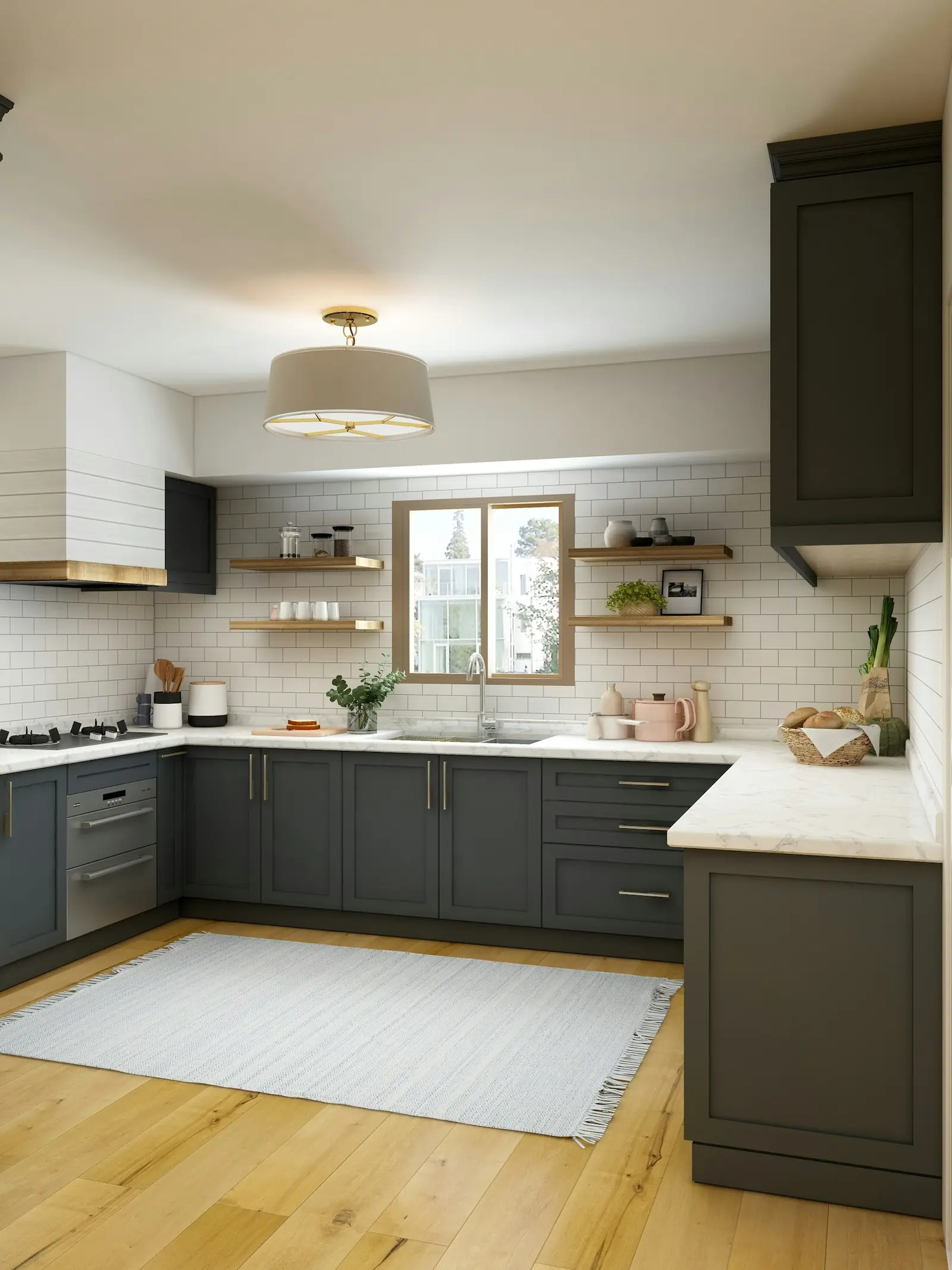Gray-green painted kitchen cabinets