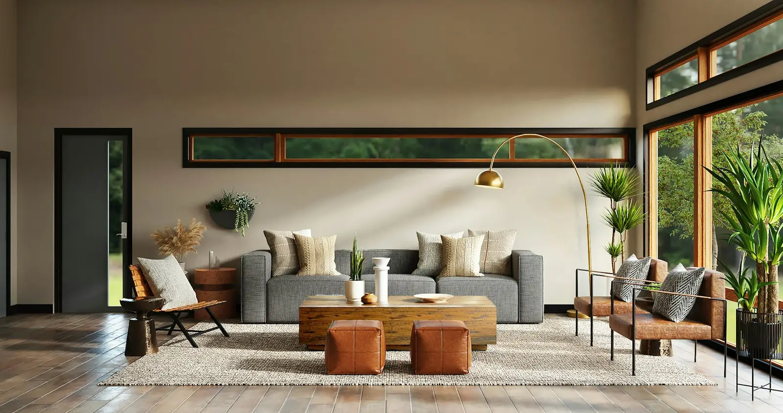 Living room with medium-brown plank flooring