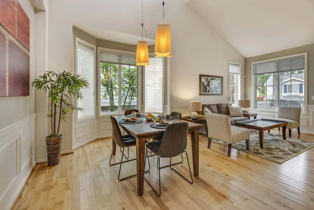 Light wood floor in a dining room